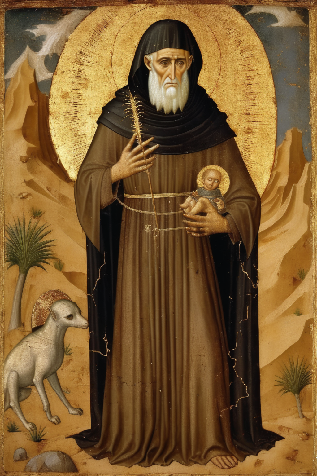 <lora:Simone Martini Style:1>Simone Martini Style - Saint Anthony the Great in Egypt desert circa 300 AD anointed in virtue with gaze upon full of mercy and compassion, subtle lightning and a thunder