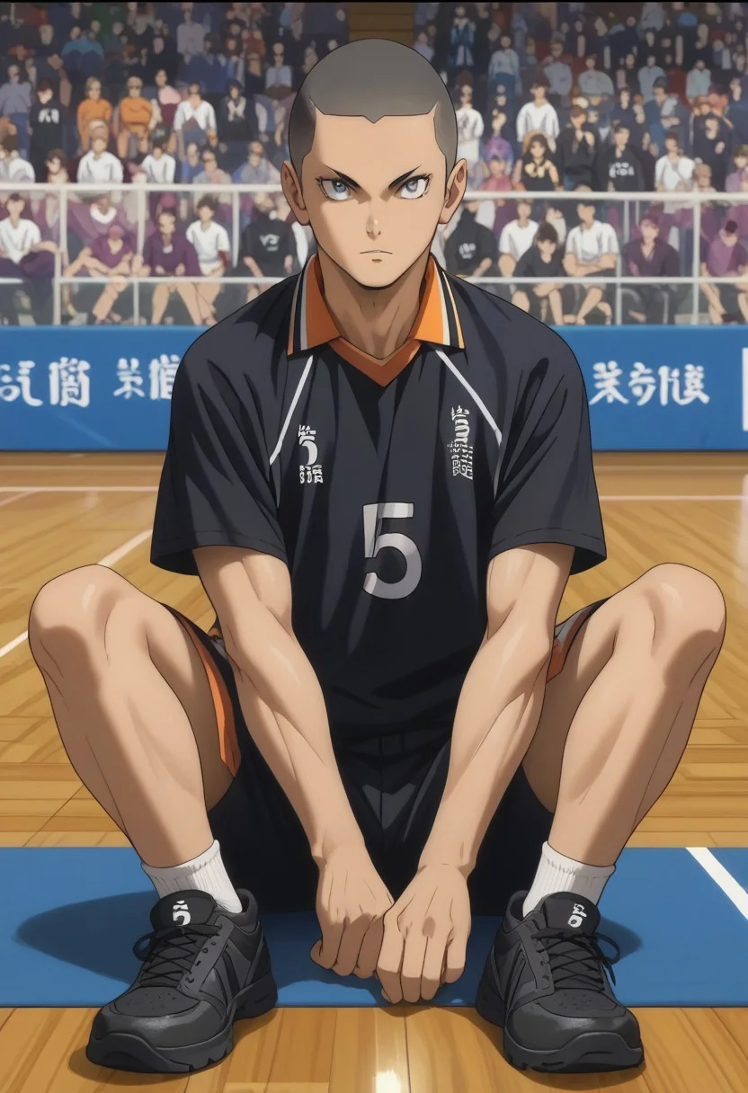 score_9, score_8_up, score_7_up, source_anime, rating_safe, Tanaikyu, 1boy, male focus, anime screencap, grey eyes, black buzz cut, black Karasuno shirt, black Karasuno shorts, black sneakers, sitting,