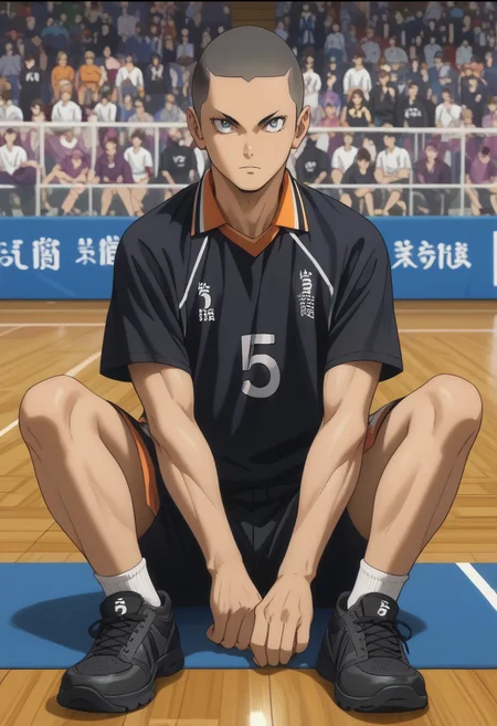 score_9, score_8_up, score_7_up, source_anime, rating_safe, Tanaikyu, 1boy, male focus, anime screencap, grey eyes, black buzz cut, black Karasuno shirt, black Karasuno shorts, black sneakers, sitting,