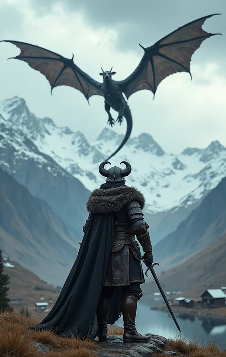 cinematic, skyrim themed, a warrior wearing leather armor and horned helmet, 2 swords in hand, looking up at the sky, a dark demonic dragon is flying in the air in circles, snow peaked mountains in background, small village, very detailed, masterpiece, adventurous, cloudy sky, 