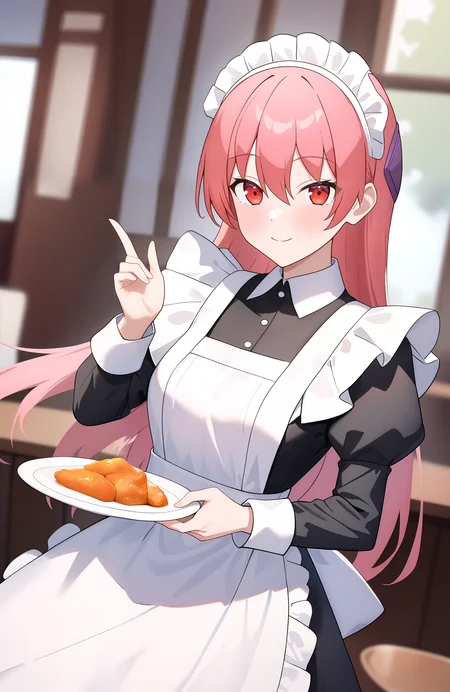 masterpiece,best quality,very aesthetic,absurdres,
1girl,tsukasa_yuzaki,long hair,pink hair,red hair,red eyes,bangs,hair between eyes,smile,maid,maid headdress,white apron,maid apron,puffy sleeves,juliet sleeves,
indoors,restaurant,holding plate with food,one hand up,blurry background,looking at viewer,front view,<lora:TsukasaYuzaki_illu:1>,