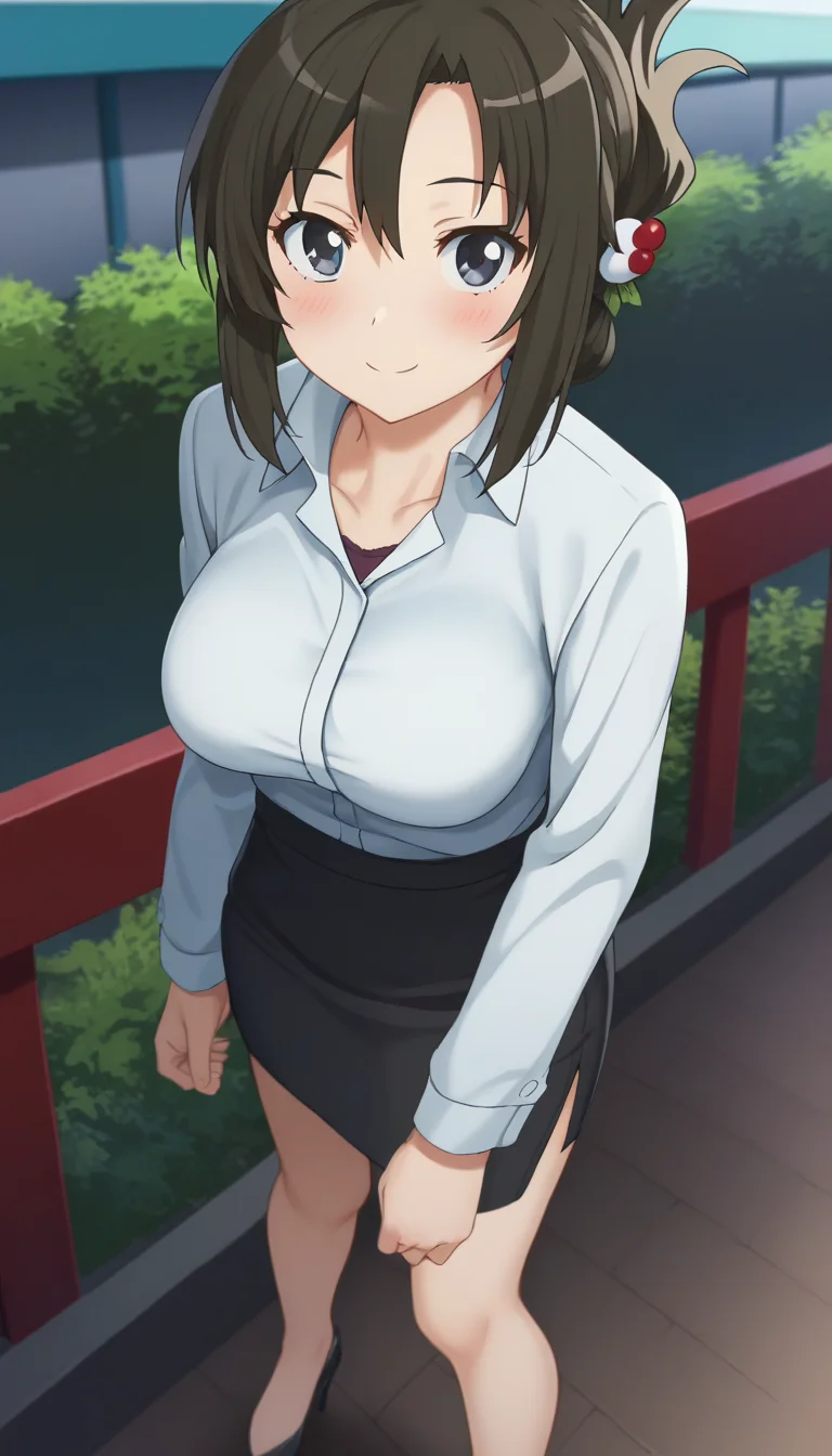 score_9,score_8_up,masterpiece,best quality,correct anatomy,anime_source,1girl,solo,perfect eyes,perfect arms,perfect legs,perfect face,outdoors,cowboy shot,looking at viewer,facing viewer,smile,blush,Yoriko Yasaka,long hair,black hair,folded ponytail,hair up,hair ornament,bangs,grey eyes,collarbone,collared shirt,dress shirt,white shirt,long sleeves,large breasts,black skirt,skirt suit,pencil skirt,high heels,black footwear,<lora:Yoriko Yasaka(hns)-Pony:1.6>,