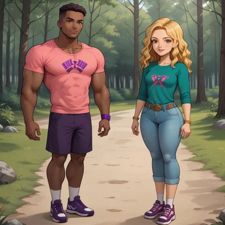 masterpiece, best quality, score_9, break. Caryan, (1boy, ryan, black, tall, muscular, muscular male, dark skin, dark skin male, pink shirt, purple weightlifting print, dark purple shorts, white socks, dark magenta sneakers), break, (1girl, carrie, blonde hair, wavy hair, teal shirt underneath, dark green sweater, bracelet, brown belt, light blue jeans, black shoes), hug, forest, natural lighting