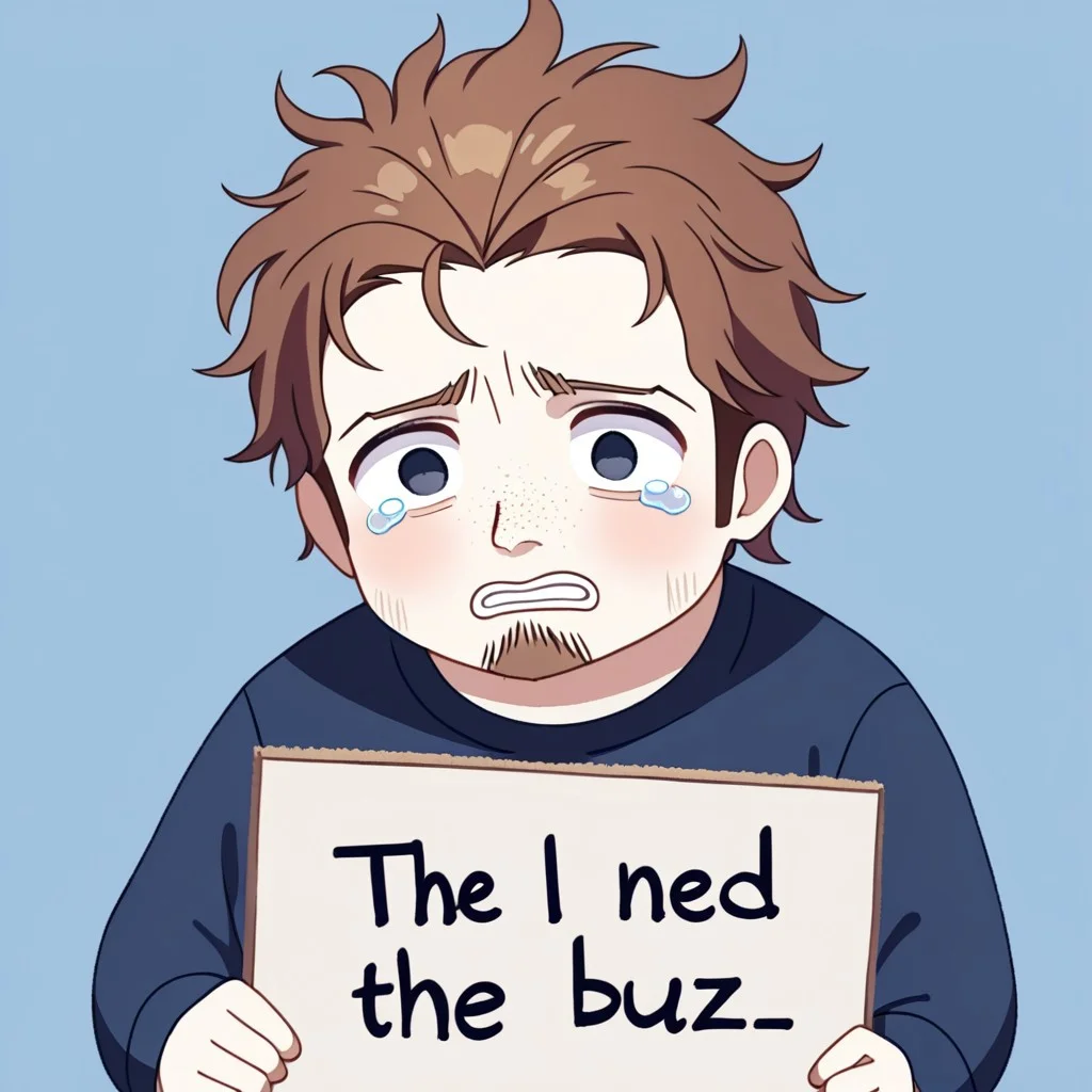 1boy, solo, white skin, freckles, brown hair, messy hair, facial hair, stubble, black t-shirt, blue pants, big eyes, cute, tears, black eyes, dilated pupils, English text, Holding a sign that reads the text: "I need Buzz", handwritten text,