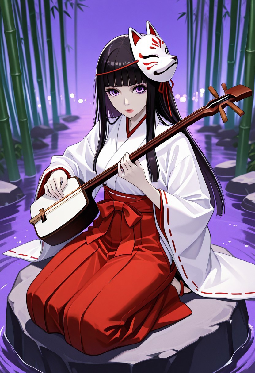 masterpiece, best quality,
Nakahara sunako,  long hair, black hair, pale skin, pink lips, violet eyes, mysterious expression, soft features. 
looking_at_viewer, 1girl, masterpiece, best quality, bokeh, luminescent background, miko, japanese clothes, red hakama, white kimono, ribbon trim, fox mask, mask on head, outdoors, (bamboo forest), seiza, sitting, full body, from above, looking ahead, wide sleeves, hakama skirt, sandals, rock, sitting on rock, holding instrument, music, playing instrument, (shamisen:1.2)