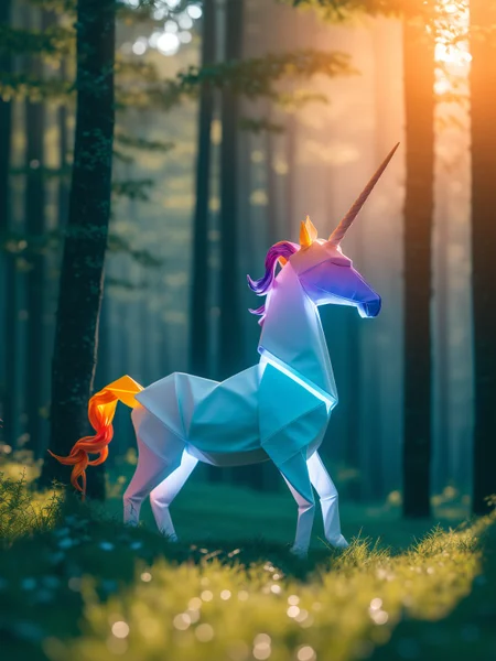 master piece, high quality, unicorn,in the forest,at night, white and rainbow light, J_origami, <lora:J_origami:0.9>
