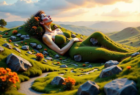 Surreal concept art of The form of the maiden who is lying down, she is the spring landscape and it forms her dress, creating hills and valleys of lush vegetation and flowery grasses with meandering paths like stitch work in her dress representing paths and roads, hyperdetailed realistic textures and natural lighting of the dawn of a warm summer day, her hair is a copse of trees and rocks and stones from her face like a natural formation, her body blends seamlessly into the surrounding landscape, ultrarealistic and hyperdetailed, amazing depth