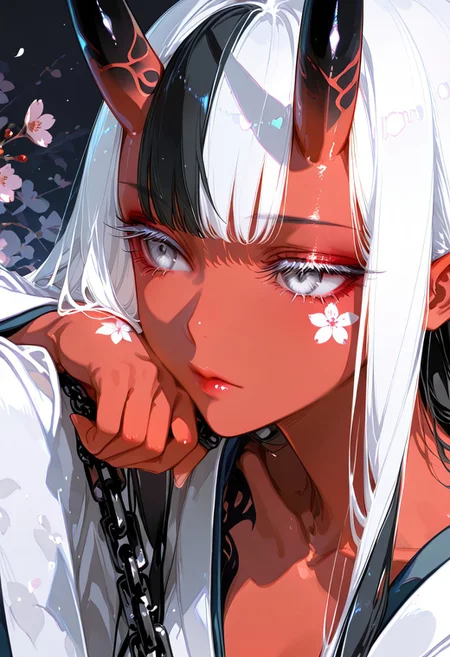 masterpiece, best quality, good quality, newest, highres, absurdres, uncensored,
BREAK 
detail background, very awa, absolutely eye-catching, (beautiful face), 
BREAK
amazing quality, best quality, ultra-detailed, 8K, illustration, CG, ultra-detailed-eyes, cute girl, eyelashes
BREAK
Aka-Oni, oni, colored skin, red skin, smooth horns, black horns, long hair, black hair,
BREAK 
 kimono, collarbone, cherry blossom, head rest on arm, chained, flower tattoos, (Sexy lips), black_hair, closed_mouth, white_hair, multicolored_hair, from_side, grey_eyes, eyelashes, lips, makeup, expressionless, portrait, close-up, white_eyes, long_eyelashes, abstract