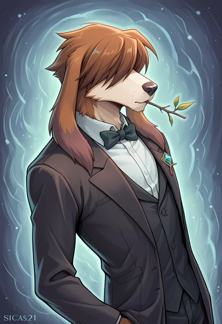 masterpiece, best quality, amazing quality, dutch angle, abstract background, BREAK
1boy, solo, male focus, furry male, bof_scias, brown body, dog boy, long ears, brown hair, hair over eyes, twig in mouth, black tuxedo, formal, bow tie, BREAK
<lora:cfg_scale_boost:.6> <lora:Scias_-_Breath_of_Fire_IV_-_ILXL:1>