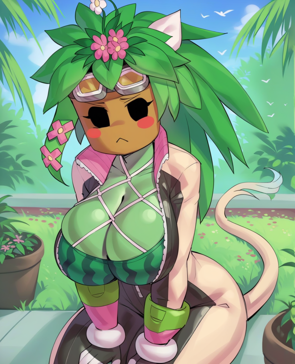 score_9, score_8_up, score_7_up, score_6_up, score_5_up, score_4_up, source_furry, (by shq:1.15), kanna \(blaster master\), elemental creature, elemental humanoid, flora fauna, humanoid, plant humanoid, accessory, big breasts, blush, blush stickers, breasts, cleavage, cleavage overflow, clothed, clothing, female, floral, flower, flower \(anatomy\), flower accessory, flower hair accessory, flower pot, for a head, goggles, green body, green skin, hair accessory, handwear, head flower, jacket, leaf, leaf hair, non-mammal breasts, not furry, plant, plant hair, pseudo hair, solo, tight clothing, topwear, watermelon pattern, (simple eyes, simple face, looking at viewer:1.3), detailed background, outside, garden, looking at viewer, wide hips, huge hips, big butt, fishnet, fishnet topwear, <lora:kanna_pdxl_:1>, unimpressed, side view, hand on thigh, tail, long tail, cow tail,