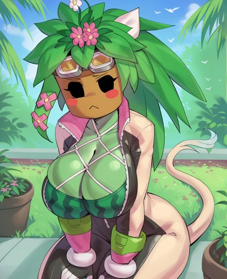 score_9, score_8_up, score_7_up, score_6_up, score_5_up, score_4_up, source_furry, (by shq:1.15), kanna \(blaster master\), elemental creature, elemental humanoid, flora fauna, humanoid, plant humanoid, accessory, big breasts, blush, blush stickers, breasts, cleavage, cleavage overflow, clothed, clothing, female, floral, flower, flower \(anatomy\), flower accessory, flower hair accessory, flower pot, for a head, goggles, green body, green skin, hair accessory, handwear, head flower, jacket, leaf, leaf hair, non-mammal breasts, not furry, plant, plant hair, pseudo hair, solo, tight clothing, topwear, watermelon pattern, (simple eyes, simple face, looking at viewer:1.3), detailed background, outside, garden, looking at viewer, wide hips, huge hips, big butt, fishnet, fishnet topwear, <lora:kanna_pdxl_:1>, unimpressed, side view, hand on thigh, tail, long tail, cow tail,