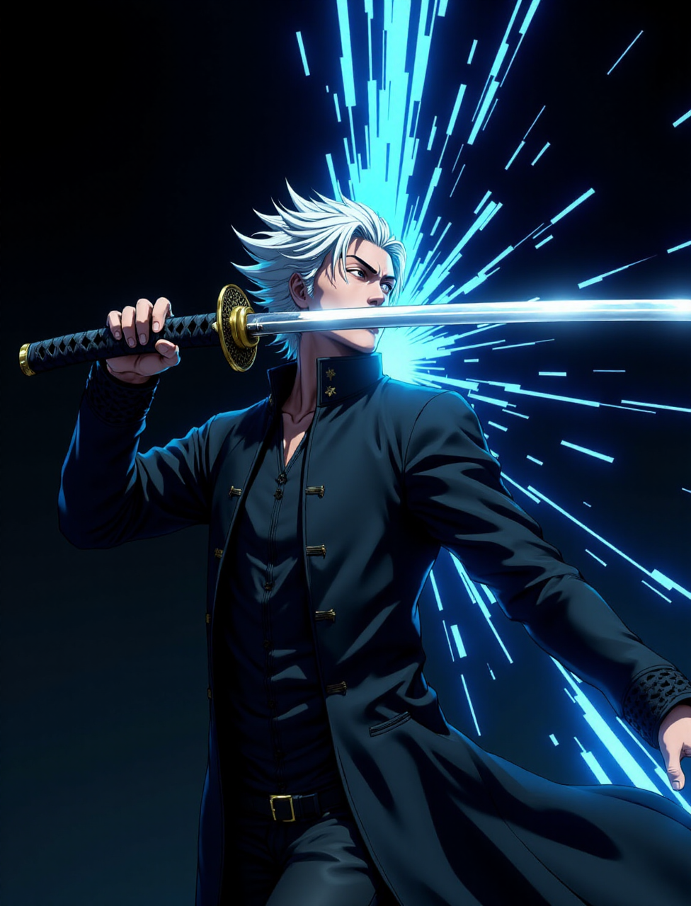 A man with white hair laid back, holding a katana with both hands, a man dressed in a long black coat, he delivers a vertical blow from which blue rays disperse,masterpiece, a cinematic shot of a katana strike,a burst of blue energy in the form of linear rays,Minimalistic black background,glowing weapon,cowboy shot,close-up,strict look,His expression is calm, cinematic lighting,looking at viewer, <lora:CPA:0.8> <lora:anime_martzv2:0.5> anime_martz, <lora:FluxMythP0rtr4itStyle:0.6> ,mythp0rt, <lora:lora:1> ,dmc5vergil, black coat, fingerless gloves, pants