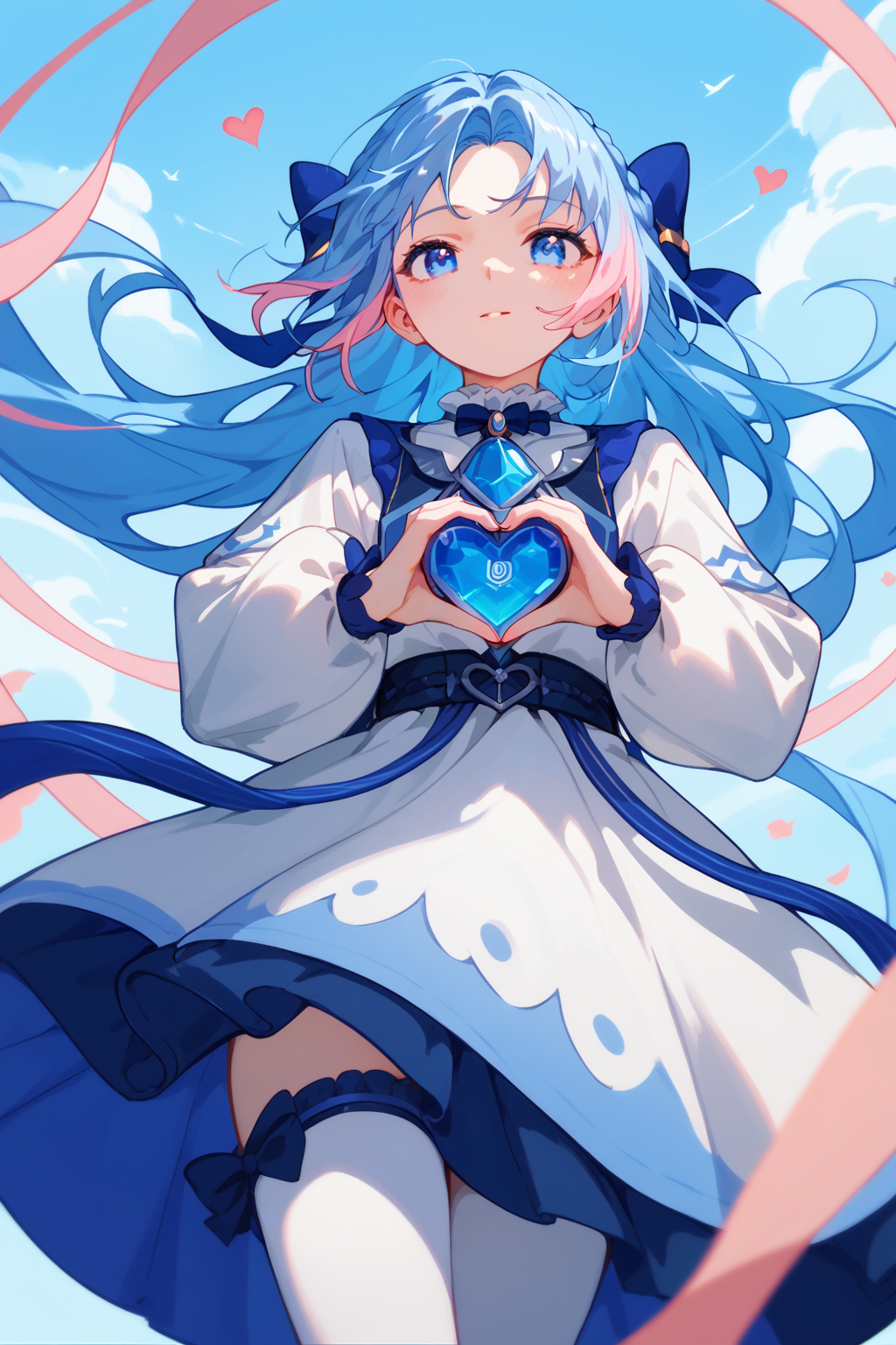 (score_9,score_8_up,score_7_up,),<lora:shume-000020>,shume,multicolored hair,long hair,pink hair,hair bow,parted bangs,blue eyes,blue hair,white thighhighs,white dress,braid,wind,heart hands,cowboy_shot,