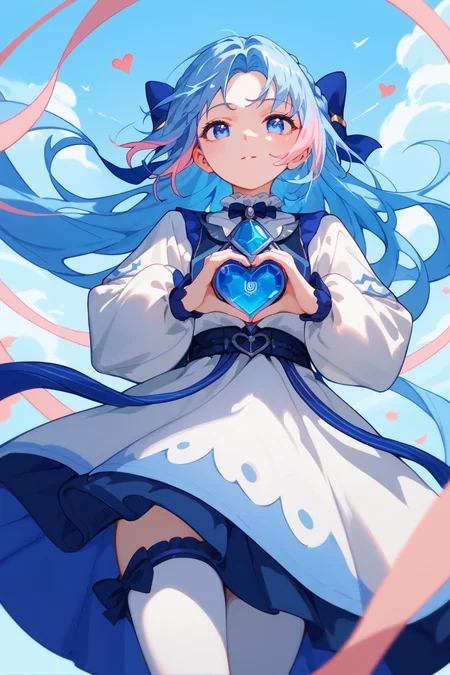 (score_9,score_8_up,score_7_up,),<lora:shume-000020>,shume,multicolored hair,long hair,pink hair,hair bow,parted bangs,blue eyes,blue hair,white thighhighs,white dress,braid,wind,heart hands,cowboy_shot,