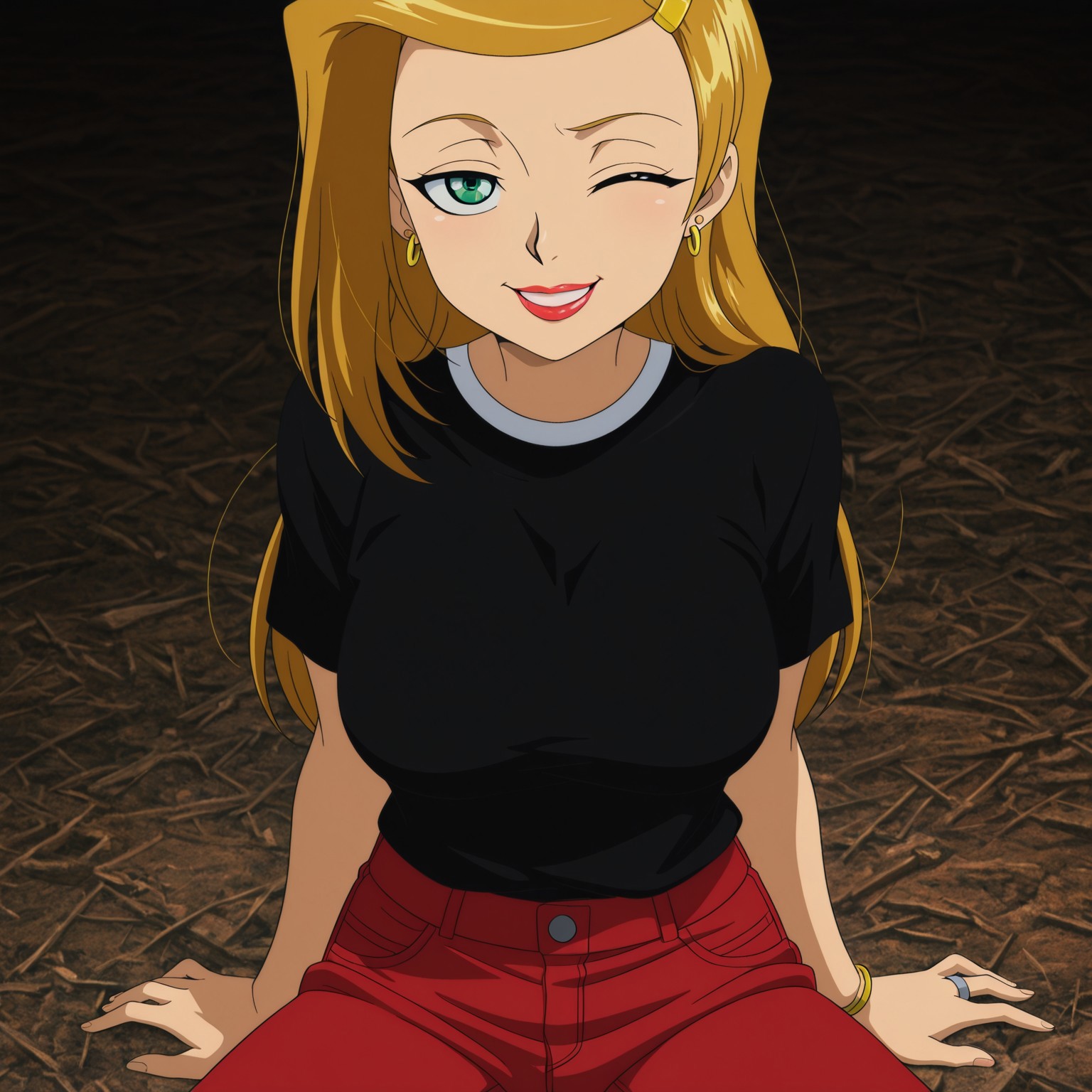 masterpiece, best quality, amazing quality, amazing quality,very aesthetic,absurdres,best quality,newest,masterpiece, breasts, anime screencap, anime artstyle, winking, happy, breasts, anime screencap, anime coloring,safe_pos, safe_pos, score_9, score_8_up, score_7_up,chaotic, sarah laurence, long hair, green eyes, jewelry, lipstick, hair ornament, hairclip, earrings, blonde hair,  shirt, red jeans