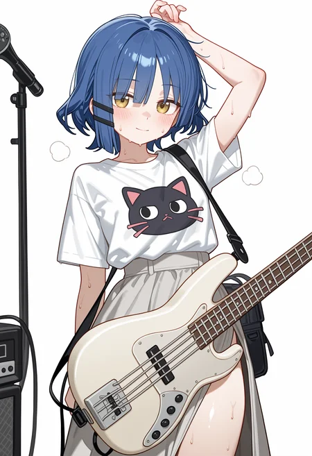 Yamada_Ryo, omo-socratesax，,1girl,solo,sweat,looking at viewer,Bass Guitar,shirt,white shirt,short sleeves,simple background,white background,cowboy shot,blush,T shirt,thighs, grey long dress, light_smile, arm_up, ,masterpiece,best quality,newest,absurdres,highres,very awa