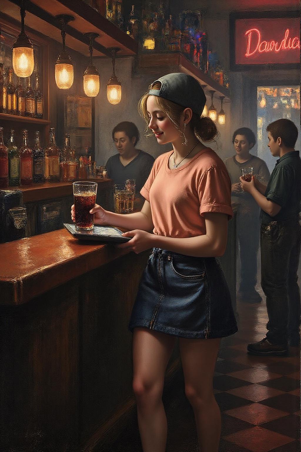 janver1 painting The air buzzes with the energy of a busy bar, a mix of music, conversation, and the clinking of glasses. A barmaid, the embodiment of youthful vibrancy, navigates the lively scene. She wears a peach-coloured T-shirt, the soft fabric contrasting with the smooth, cold glass of coke she carries on a small tablet. Her short skirt adds a playful touch, and a backwards baseball cap hints at a carefree attitude. The setting and atmosphere are palpable: the warm, slightly sticky surface of the bar counter under her fingertips, the dim, colourful lighting that casts playful shadows. Sensory details are abundant: the condensation forming on the glass of coke, the texture of her denim skirt, and the way the bar lights catch the highlights in her hair. Her confident stride, her quick smile, and her efficient movements. Stylistically, the image draws inspiration from the vibrant, candid shots of nightlife photographers, with a touch of the stylized realism found in contemporary illustration. There's a deliberate contrast between the barmaid's youthful energy and the slightly worn, lived-in atmosphere of the bar, creating a dynamic and engaging image.  <lora:janver3_handc_d6a3e13:1.0><lora:806201173179843184:0>