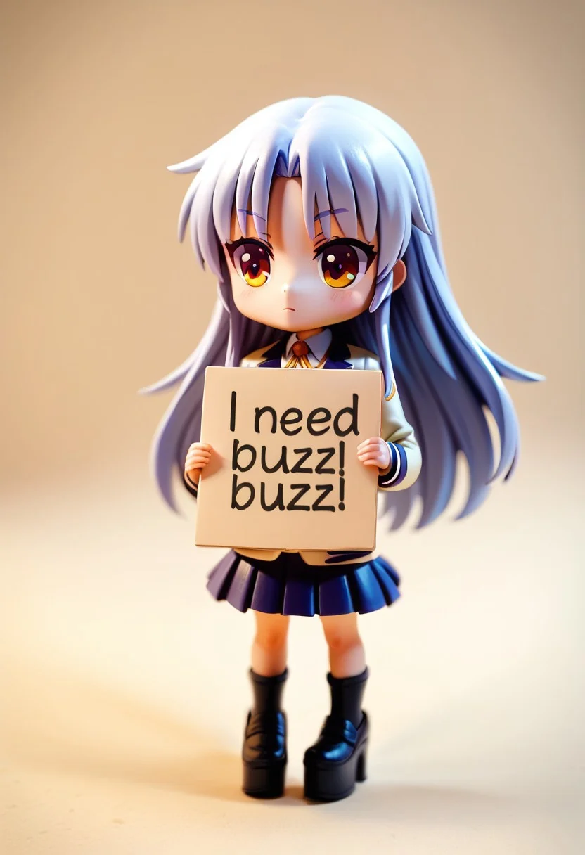 score_9, score_8_up, score_7_up, score_6_up, score_5_up, score_4_up,1girl,nendoroid, figure, platform,chibi,need_buzz, holding sign,trigger : kanade tachibana,1girl,solo,long hair,school,front bangs ,uniform,jacket,blazer