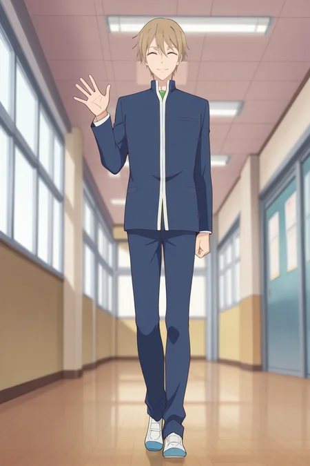 masterpiece, best quality, amazing quality,high resolution, intricate details,official style,depth of field,anime screencap, anime coloring, , , 1boy, solo, male focus,<lora:Yagi_Tomoya:0.86>,yagi tomoya,light brown hair,brown eyes,closed eyes,short hair,smile,blue jacket, school uniform,full body,closed mouth,collared shirt,blue pants,from below,indoors,gakuran,waving,school,facing viewer