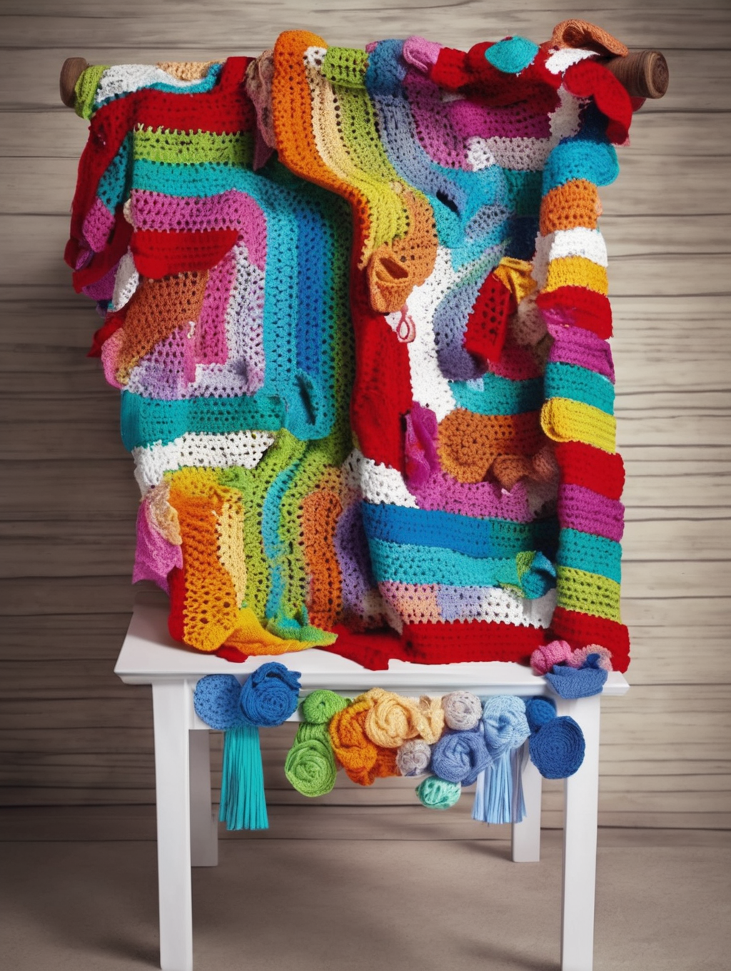 <lora:CROCHETED:1>CROCHETED - Anuncio publicitario para ropa de crochet una mesa con lanas de colores