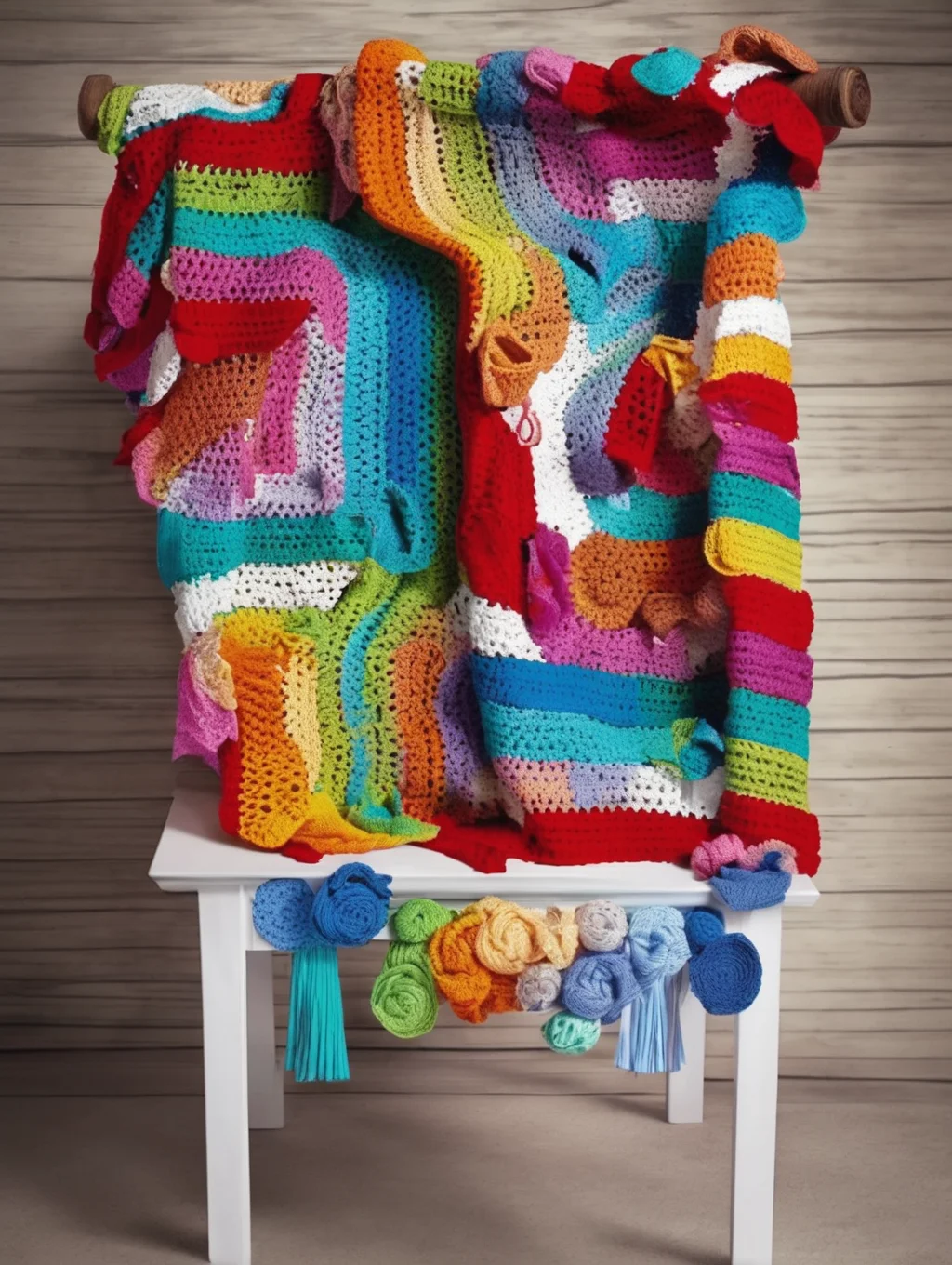 <lora:CROCHETED:1>CROCHETED - Anuncio publicitario para ropa de crochet una mesa con lanas de colores