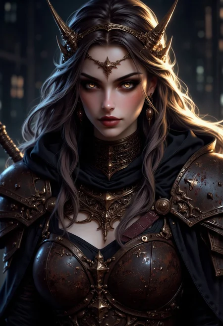 image of female barbarian warrior in leather and bronze armour, dark eyeshadow, red lips, long flowing hair, directional lighting