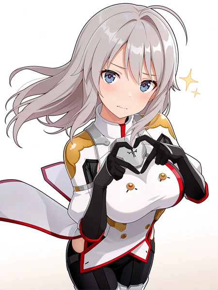 masterpiece,best quality,amazing quality,
1girl,solo,
<lora:k_chieri_ilxl_1.5:1>,chieri,ahoge,grey hair,blue eyes,
surcotte,armor,white footwear,
<lora:Fixhands_anime_bdsqlsz_V1:1>,cinematic_angle,dynamic_angle,white_background,simple_background,face_focus,looking_at_viewer,sparkle,portrait,heart hands,cowboy_shot,from_side,arched_back,embarrass,light_blush,wavy_mouth,