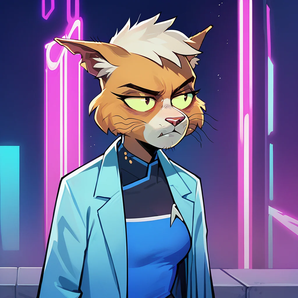 score_9, score_8_up, score_7_up,  <lora:t4n4_epoch_10:1> t4n4,1girl,lab coat, sci-fi city background, neon lights, purple glow