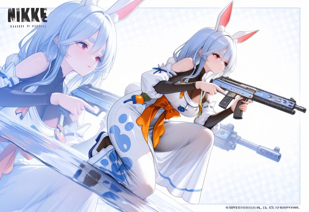 masterpiece, best quality, xxx667_illu, 4ur4_illu,shiny, dutch angle,  high-res, beautiful aesthetic, very intricate, high-quality details, adult, highly detailed, professional, vibrant, mature woman,
BREAK,
p4k0mm, rabbit girl, animal ear fluff, large breasts, red eyes, short eyebrows, thick eyebrows, multicolored hair, blue hair, white hair, long hair, hair between eyes, braided ponytail, white hair bow, bodystocking, shoulder cutout, white dress, long dress, see-through cleavage, dress bow, orange bow, detached sleeves,
BREAK, 
NikkeProfile, full body, checkered background, zoom layer, character name, logo, on one knee, looking to the side, holding weapon, holding gun