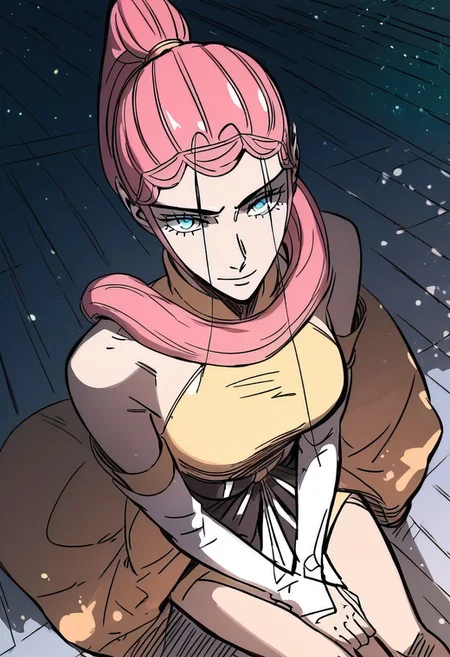 score_9, score_8_up, score_7_up, score_6_up, Expressiveh,
longyuyin, 1girl, ponytail, pink hair, long hair, blue eyes, large breasts, elbow gloves, long legs, detailed face, full color, vibrant color, dynamic pose, dynamic angle, sitting, from above, smile, head tilt, golden light,day, light particles, sky