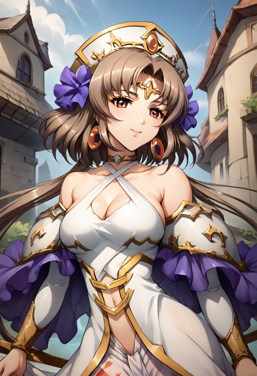 score_9, score_8_up, score_7_up, detailed, intricate details, chromatic aberration, realistic, veins source_anime, , (best quality) , (highly detailed) ,((masterpiece)), ((best quality)), (ultra-detailed), ((extremely detailed)), (high resolution), 4K, (8K), best quality, (beautiful), (dynamic lighting), (super detailed skin), sharp focus, (1_girl, solo focus), score_9,score_8_up,score_7_up,anime coloring BREAK source_anime,anime, shiny skin, <lora:yuria_p_v1.5:1>,yulia,y_clothes,Headdress,red eyes,brown hair,long hair,very long hair,jewelry,detached sleeves,dress,earrings,bare shoulders,collarbone, <lora:Fixhands_anime_bdsqlsz_V1:1>,upper_body,profile,smile,looking_at_viewer,castle,from behind
detailed eyes、detailed face and detailed skin <lora:add-detail-xl:1.0>