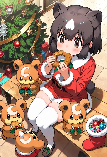 (masterpiece, best quality, high quality, good quality),1girl,santa costume,christmas,christmas ornaments,candy,christmas wreath,christmas stocking,christmas tree,
teddiursa,pokemon \(creature\),
brown bear \(kemono friends\),eating,sitting,wooden table,white thighhighs,from above,
outdoors,vanishing point,full body,<lora:Animal_Christmas:0.7>,animal christmas,<lora:ponyv4_noob1_2_adamW:0.6>,<lora:cutesexyrobutts_style_illustrious_goofy:0.6>,<lora:breasts_size_slider_illustrious_goofy:0.6>,