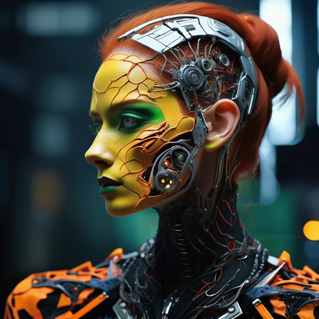 ((best quality)), ((masterpiece)), ((realistic,digital art)), (hyper detailed),DonMD3m0nV31nsXL,veins, female Biopunk Augmentation Engineer, Biomechanical Hackers, Expert hackers merged with biotechnology, wired into cyberspace, Geriatric, Taut, Central Asian, Emerald eyes, Fleshy Nose, Blunt Jaw, Asymmetrical Forehead, Graceful Collarbone, Beach or summer makeup , Ginger Curtain bangs hair, Affection, Cybernetic Extension, Character extends a cybernetic limb or appendage, showcasing its capabilities., wearing Georgette Embroidered Quantum Peplum Shorts, Rayon Dark yellow Digital Mesh Tapered Pants, Quantum Peplum Mules, , ,, Hands on the back of the neck, indicating frustration or stress, <lora:DonMD3m0nV31nsXL_v1.1-000009:0.85>