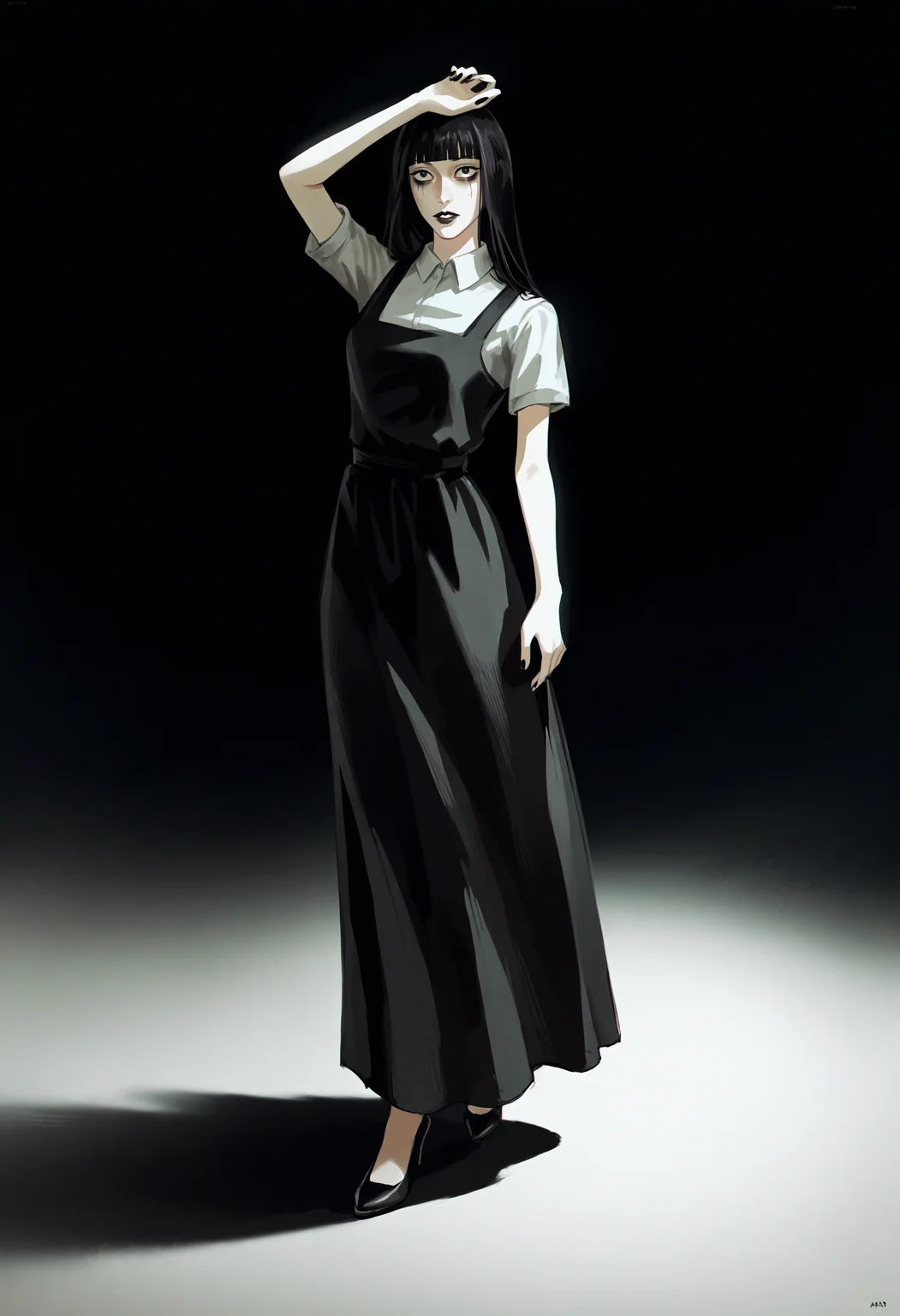 score_9, score_8_up, score_7_up, score_6_up, score_5_up, score_4_up,
BREAK
1girl, samarie funger, blunt bangs, black hair, black eyes, bags under eyes,
BREAK
standing, black dress, long dress, white shirt, short sleeves, black lips,
BREAK
black background, simple background, dynamic pose, dark, <lora:Lunas-Uqi32-SDXL-A1:1> <lora:Lunas-Samarie-Funger-SDXL-A1:1>