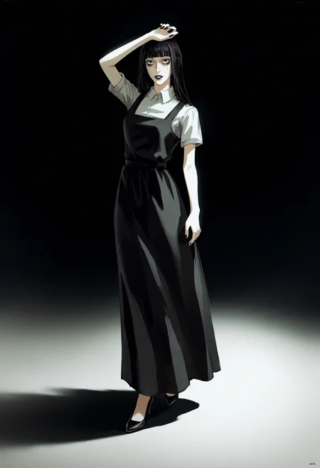 score_9, score_8_up, score_7_up, score_6_up, score_5_up, score_4_up,
BREAK
1girl, samarie funger, blunt bangs, black hair, black eyes, bags under eyes,
BREAK
standing, black dress, long dress, white shirt, short sleeves, black lips,
BREAK
black background, simple background, dynamic pose, dark, <lora:Lunas-Uqi32-SDXL-A1:1> <lora:Lunas-Samarie-Funger-SDXL-A1:1>