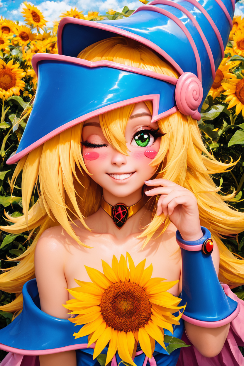 score_9, score_8_up, score_8, medium breasts, (curvy), cute, eyelashes,       BREAK, , BREAK, dark magician girl, blonde hair, choker, green eyes, long hair, blush, blush stickers, bare shoulders, blue footwear, blush, blush stickers, cleavage, collarbone, duel monster, hat, off shoulder, pentacle, wizard hat, cleavage, <lora:dark-magician-girl-ponyxl-lora-nochekaiser:0.8>,, zzSunflower, upper body, outdoors, hand up, portrait, one eye covered, yellow flower, holding flower, <lora:Sunflower_PDXL_v2:0.8>, , BREAK,  smile, looking at viewer, cowboy shot,  embedding:zPDXL, Expressiveh, <lora:SDXLFaeTastic2400:0.5>,  <lora:Expressive_H-000001:0.4>,