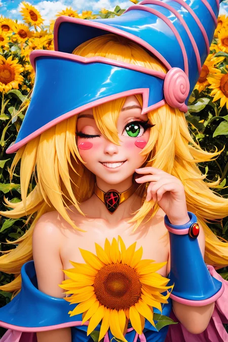 score_9, score_8_up, score_8, medium breasts, (curvy), cute, eyelashes, BREAK, , BREAK, dark magician girl, blonde hair, choker, green eyes, long hair, blush, blush stickers, bare shoulders, blue footwear, blush, blush stickers, cleavage, collarbone, duel monster, hat, off shoulder, pentacle, wizard hat, cleavage, <lora:dark-magician-girl-ponyxl-lora-nochekaiser:0.8>,, zzSunflower, upper body, outdoors, hand up, portrait, one eye covered, yellow flower, holding flower, <lora:Sunflower_PDXL_v2:0.8>, , BREAK, smile, looking at viewer, cowboy shot, embedding:zPDXL, Expressiveh, <lora:SDXLFaeTastic2400:0.5>, <lora:Expressive_H-000001:0.4>,