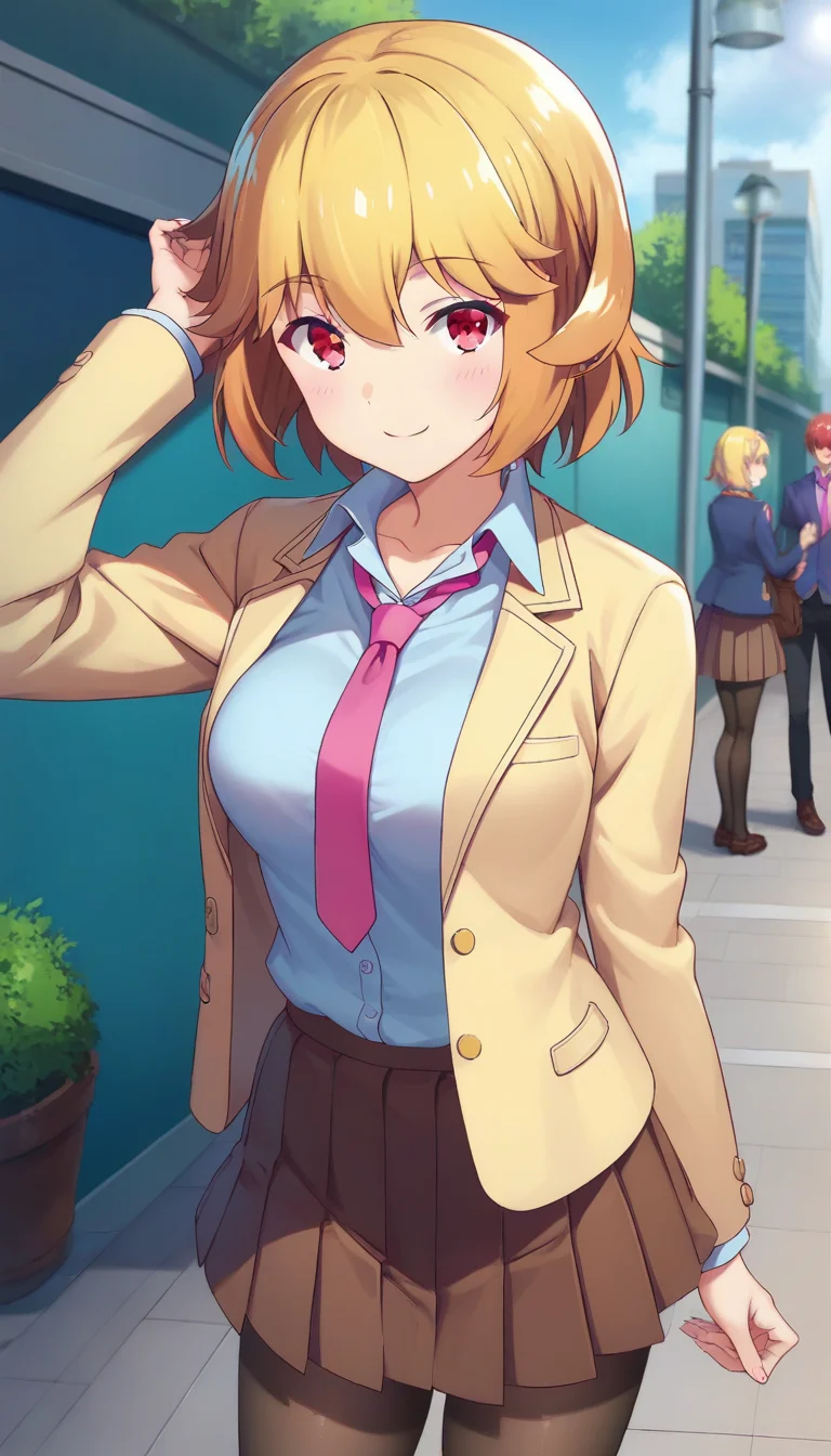 score_9,score_8_up,score_7_up,score_6_up BREAK official art,solo,outdoors,cowboy shot,looking at viewer,facing viewer,smile,blush,Karin Istel,short hair,blonde hair,hair flaps,hair between eyes,bangs,red eyes,collarbone,school uniform,yellow jacket,open jacket,blazer,pink necktie,collared shirt,white shirt,long sleeves,medium breasts,skindentation,miniskirt,brown skirt,pleated skirt,black pantyhose,loafers,brown footwear,<lora:Karin Istel(rf)-Pony:1.4>,