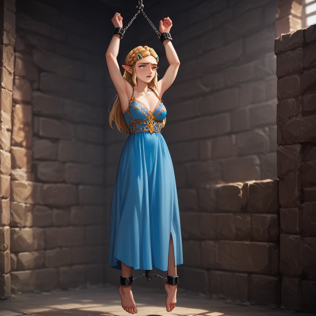 source_anime, colorful, score_9, score_8_up, score_8, (masterpiece), hanging_suspension, BREAK, 1girl, Princess Zelda, blue dress, breasts covered, lace bra, 1woman, bondage, bdsm, suspension, standing, arms_up, cuffs, bound_wrists, upright_restraints, tiptoes, feet_dangling