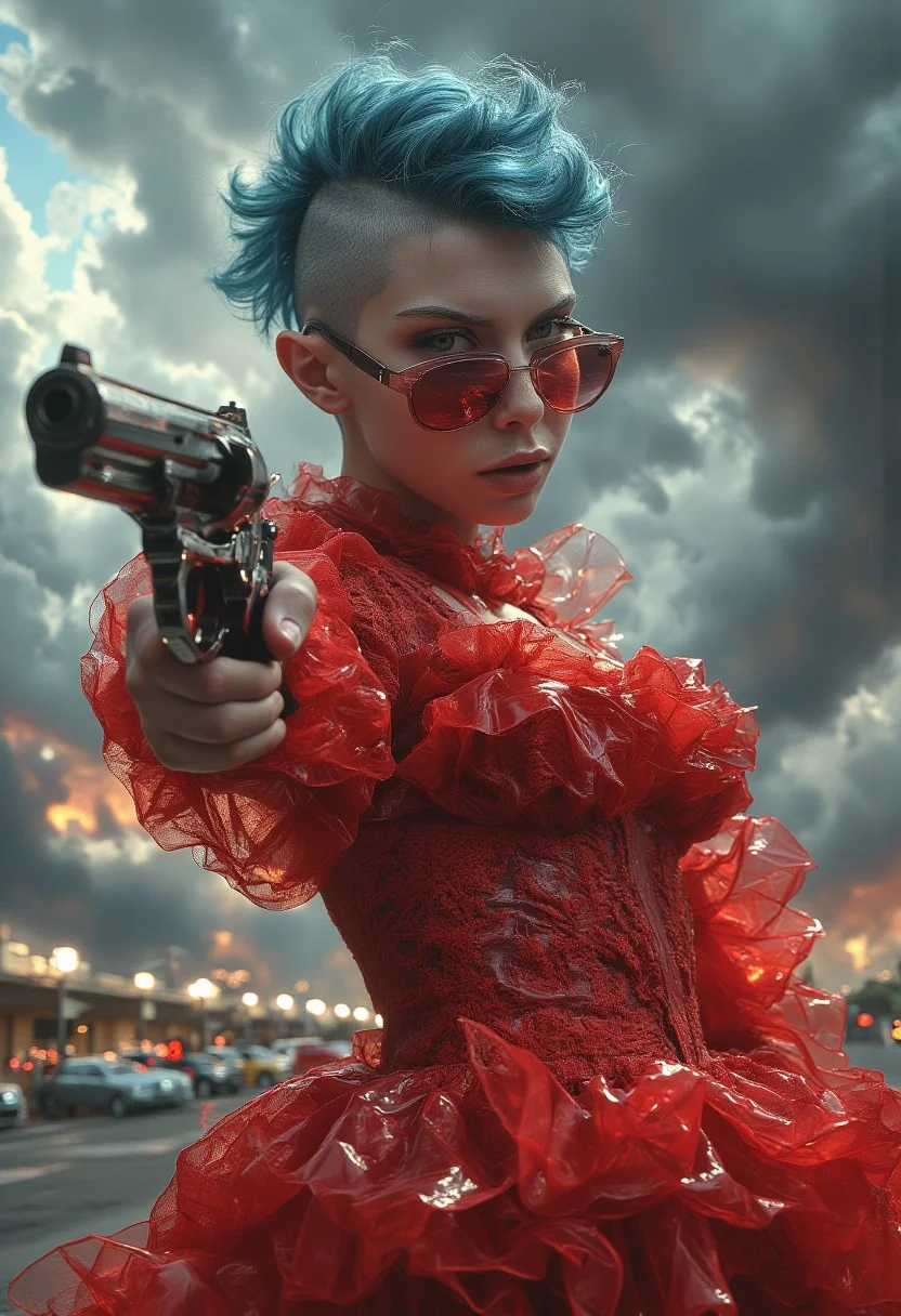 long shot scenic professional photograph of Professional photo, angry girl, wearing small edgy sunglasses, mischievious smile, maniac, metallic azure to Black gradient colored mowhak hairstyle with shaved sidecut. Wearing a red delicate light dress.
A Hot-rod-car standing in blurred background. bottom view. Pointing at the camera with his index finger. (With a huge revolver in one hand.:1.2), perfect viewpoint, highly detailed, wide-angle lens, hyper realistic, with dramatic sky, polarizing filter, natural lighting, vivid colors, everything in sharp focus, HDR, UHD, 64K