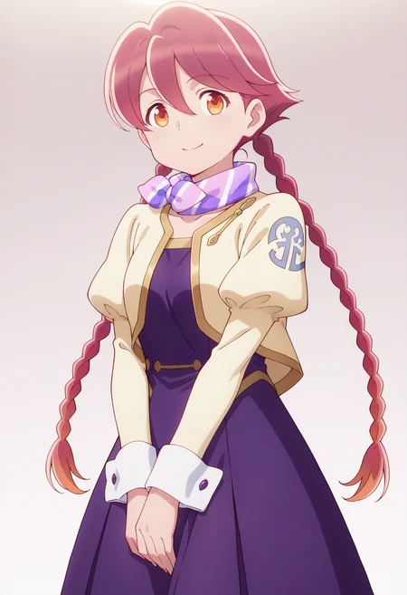 masterpiece, best quality,  absurdres, highres, cinematic light, 1girl, <lora:anime_screencap:1>, anime screencap, anime coloring,  <lora:yachiyo-Illustrious:1>, yachiyowz, red hair, long hair, twin braids, hair between eyes, gradient hair, orange eyes, scarf, multicolored scarf, striped scarf, purple dress, yellow jacket, cropped jacket, long sleeves, juliet sleeves, black pantyhose, v arms, looking at viewer, smile, simple background, white background,