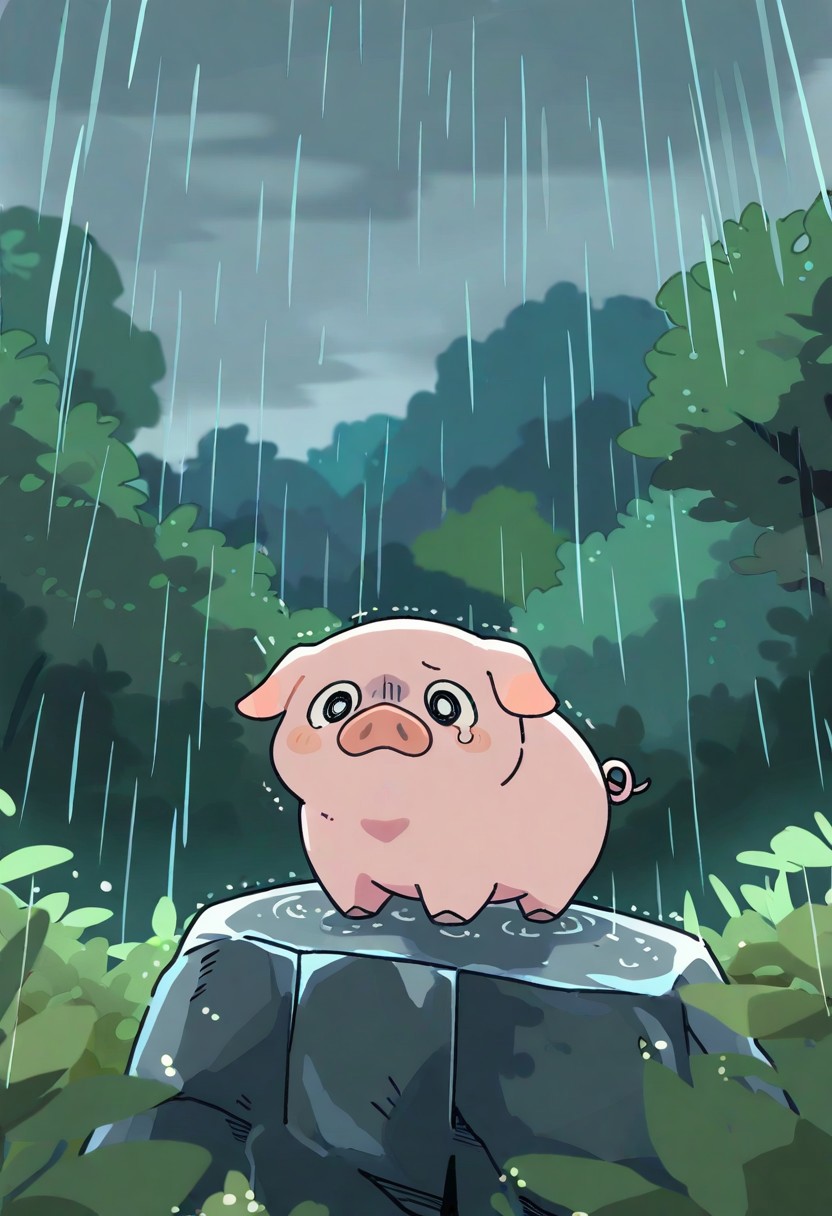 "(masterpiece, best quality, high quality, highres), very awa, highres, absurdres,
(naguru \(cyoroama\):0.9), (chii-kun \(seedyoulater\):0.7), 
(pig:1.1),
(no humans:1.1), (cute:1.2), comfy, solo, cozy,
climbing rock, farm, rain, scared, oo, "