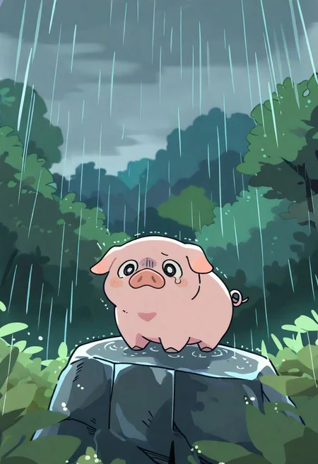 "(masterpiece, best quality, high quality, highres), very awa, highres, absurdres,
(naguru \(cyoroama\):0.9), (chii-kun \(seedyoulater\):0.7), 
(pig:1.1),
(no humans:1.1), (cute:1.2), comfy, solo, cozy,
climbing rock, farm, rain, scared, oo, "