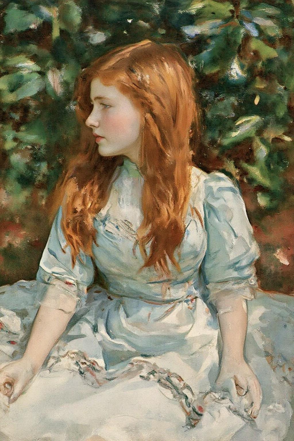 johnsingersargent3 painting. 
pierreaugusterenoir1. Closeup portrait of a seated young girl, shown in side profile. She has long, flowing red hair, is wearing a light blue dress adorned with lace and floral patterns. She is seated in a garden or natural setting with lush green background and is looking slightly to her left.  <lora:johnsingersargent3_cap_d8a4e12:1.0><lora:859975213830383909:0>
