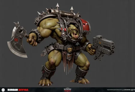 Score_9_up, absurdres, source: GamesWorkshop, grimdark, gothic horror, Warhammer 40000, a snarling ork is waving an axe in one hand and firing a machinegun in the other, lifelike, hyperrealism, perfect hands, perfect anatomy, project unreal engine