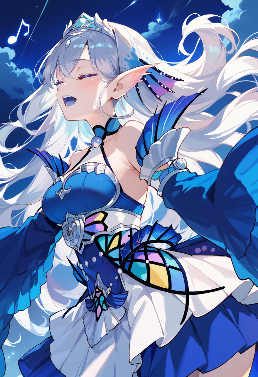 (score_9:0.9),score_8_up,score_7_up,rating_explicit,(zPDXL3),high res image,masterpiece,best quality,
<lora:Tearlaments Kitkallos PonyXL v5:0.74>,tearlaments kitkallos,blue dress,silver tiara,blue detached sleeves,1girl,solo,open mouth,sky,blue mouth,night,medium breasts,closed eyes,singing,mermaid,white pleated skirt,sleeves past wrists,from side,outstretched arms,