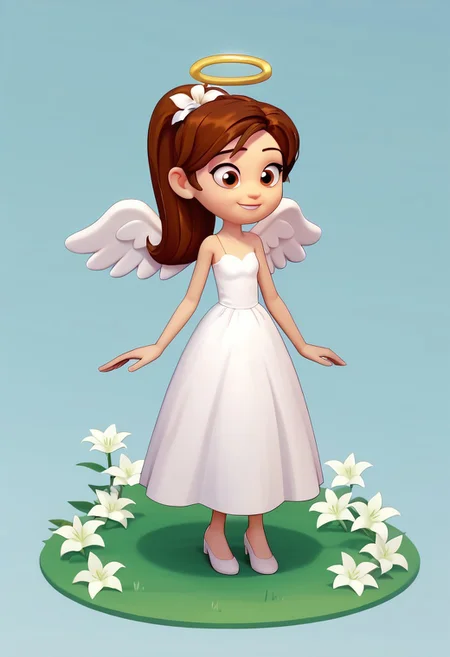 score_9, score_8_up, score_7_up BREAK SunnySpell, 1girl, brown hair, ponytail, brown eyes, white lily flower scrunchie, angel dress, angel outfit, cgi, source_cgi, girl, girl focus, heavenly atmosphere, heaven background, smiling, full body, angel wings, majestic feeling,