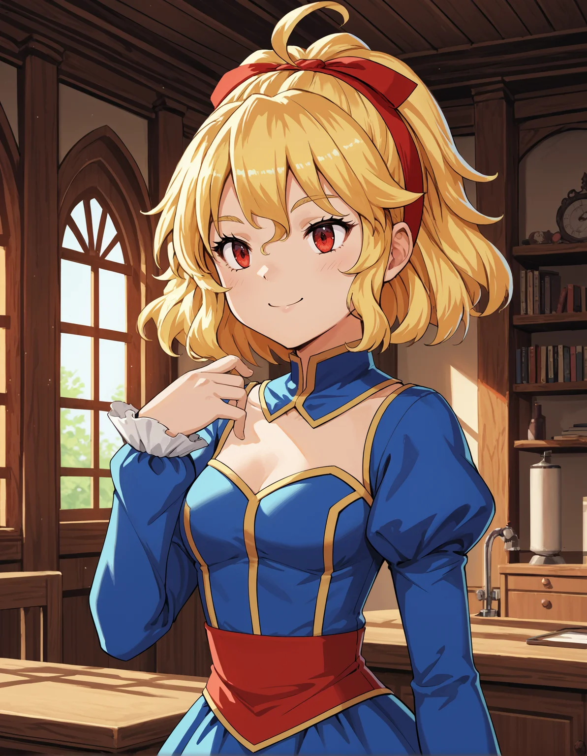 score_9, score_8_up, source_anime, 1girl, upper body, medium shot, detailed, pmmmelisaceljska, blonde hair, ahoge, red eyes, red hairband, blue dress, juliet sleeves, hand up, smiling, indoors, (side view:0.6), <lora:pmmmelisaceljska_XL:0.85>
