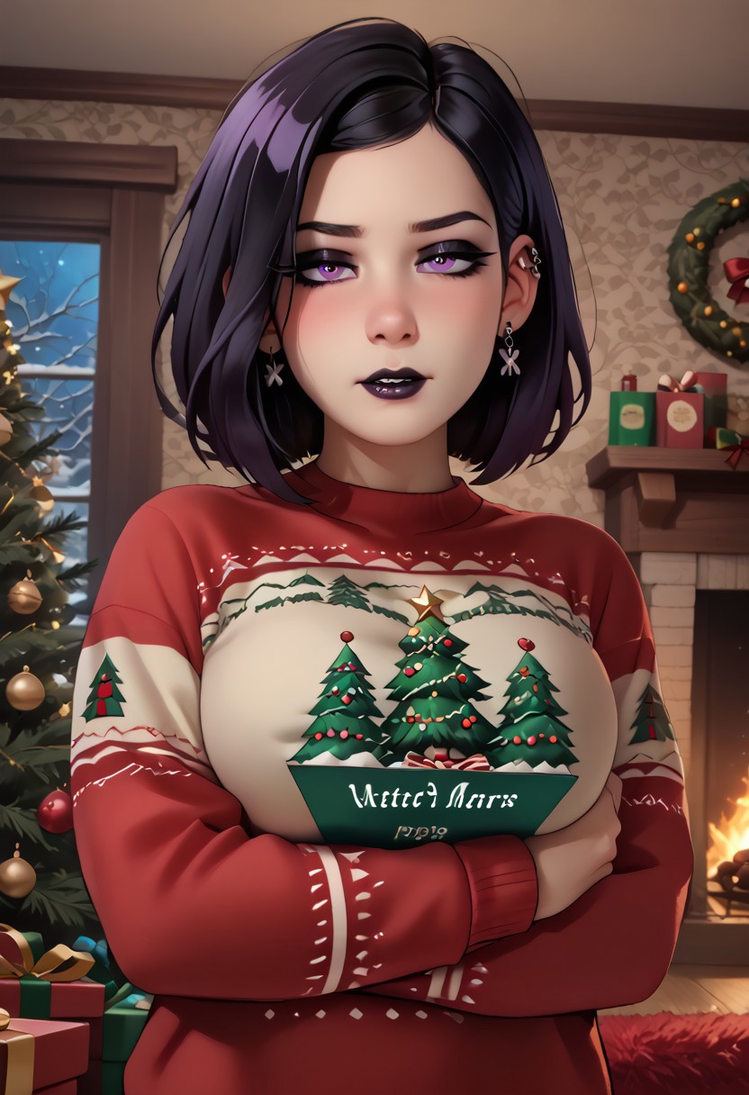 1girl, solo, sfw, opening presents, wrapping paper, ribbon, gifts, 
(score_9, score_8_up, score_8_up, 1woman, black hair, violet eyes, ((goth:1.4)), large breasts, happy, (shy:1.3), masterpiece, golden hour, solo, 25 years old, makeup, (holding out present),
detailed background, 4k, masterpiece, best quality, highly detailed,
christmas_sweater, scenery, indoors, living room, night, oven, christmas tree, christmas ornaments, red carpet