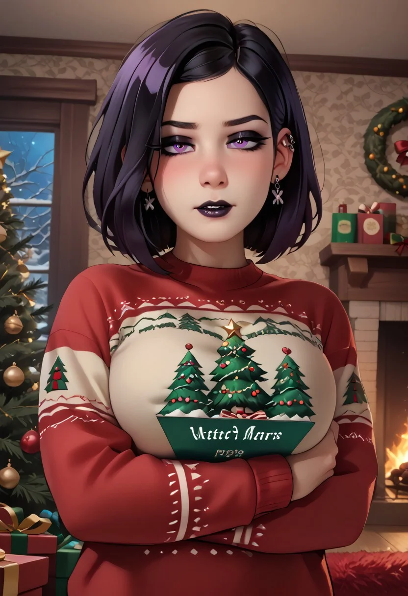 1girl, solo, sfw, opening presents, wrapping paper, ribbon, gifts,
(score_9, score_8_up, score_8_up, 1woman, black hair, violet eyes, ((goth:1.4)), large breasts, happy, (shy:1.3), masterpiece, golden hour, solo, 25 years old, makeup, (holding out present),
detailed background, 4k, masterpiece, best quality, highly detailed,
christmas_sweater, scenery, indoors, living room, night, oven, christmas tree, christmas ornaments, red carpet